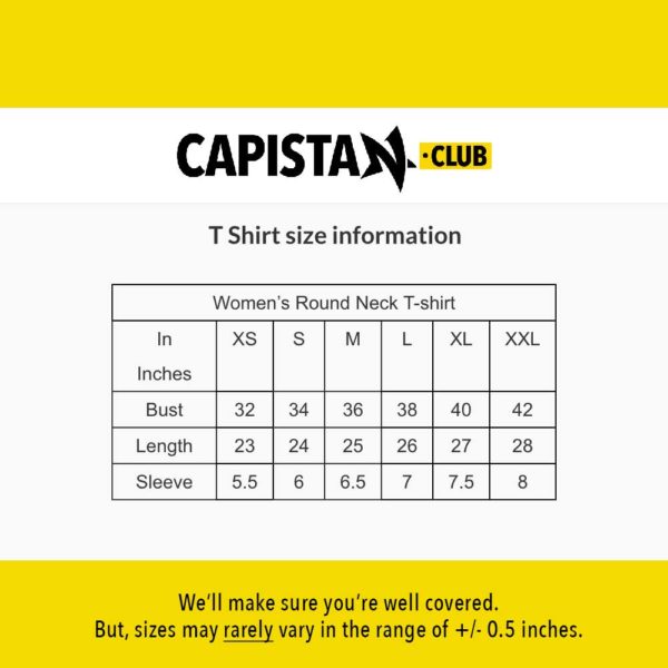 CapistanClub Women Round Neck anti communist T-Shirt size chart.